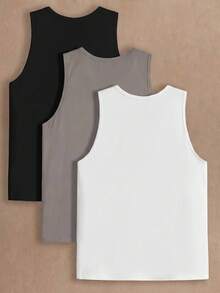 Manfinity RebelGame 3pcs/Pack Men's Casual Solid Color Knit Sleeveless Tank Top, Suitable For Daily Wear, Vacation, Father's Day Gifts Gym Black Summer, Football - Multicolor - View 2