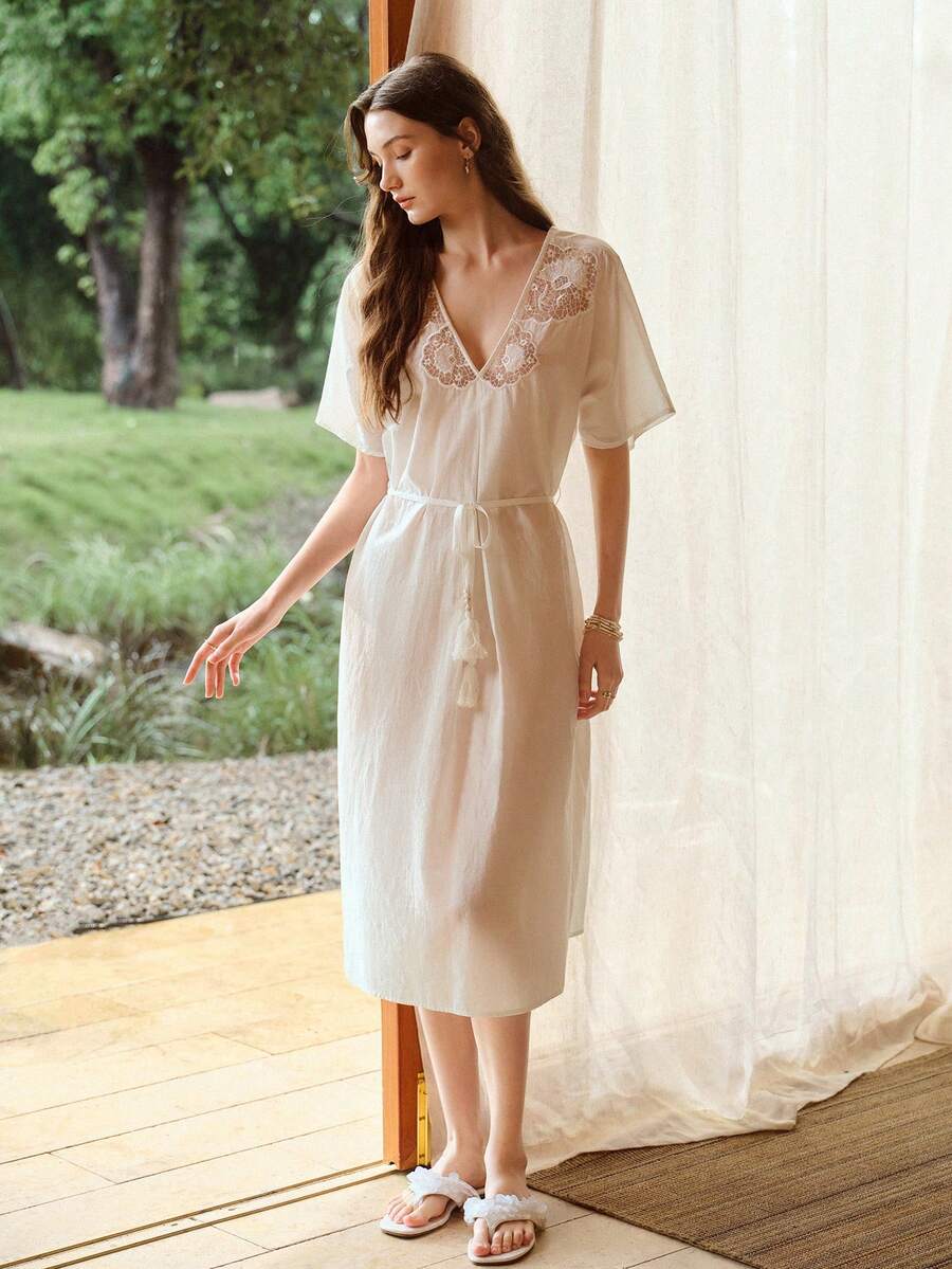 MOTF PREMIUM Áo ngủ nữ bằng vải cotton thêu, dáng rộng, thích hợp mặc mùa xuân/hè. - trắng - Xem 2