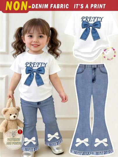 Spring & Summer Infant Girls' Casual Fashion Creative Personality Fresh Minimalist Cute Blue Bow White Bow Style Letter Slogan Graphic Print Casual Basic Short T-Shirt + Flare Pants Set, Comfortable Daily Wear, Suitable For Spring, Summer & Autumn
