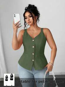 SHEIN PETITE 大码女式休闲单排扣马甲，适合通勤和办公穿着 - 綠色 - 查看 1
