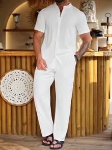Manfinity Homme 男士白色夏季休閒兩件套，緹花短袖立領襯衫與抽繩腰寬鬆直筒長褲，度假度假穿搭，正式 - 白色 - 查看 4