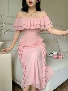 Modelyn Rosa chiffongklänning med off-shoulder och volang i midjan, elegant för kvinnor, lämplig för semester - Rosa - Visa 5