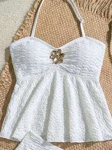 SHEIN Bộ đồ bơi hai mảnh cổ yếm có họa tiết dành cho bé gái tuổi teen, trang phục đi biển thường ngày, đồ bơi khu nghỉ dưỡng Hawaii. - Màu be - Xem 5