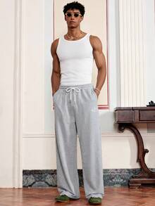 SWAVVY Men's Casual Loose Sweatpants, Standard Size, Grey With Embroidery, Suitable For Spring And Autumn - Grey - View 4