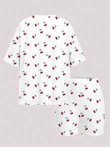 SHEIN Leap Crew Conjunto de 2 peças de camiseta e shorts de manga curta minimalistas casuais para meninas adolescentes, estampa de cereja fofa vintage, mini estampa de cereja, verão, adequado para o verão, férias de primavera, viagem de meninas - Multicolorido - Ver 3
