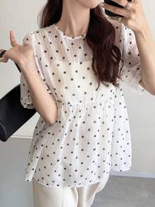FRIFUL 女款夏季休閒透視波點印花圓領荷葉邊下擺上衣圖案T恤可愛上衣 - 白色 - 查看 3