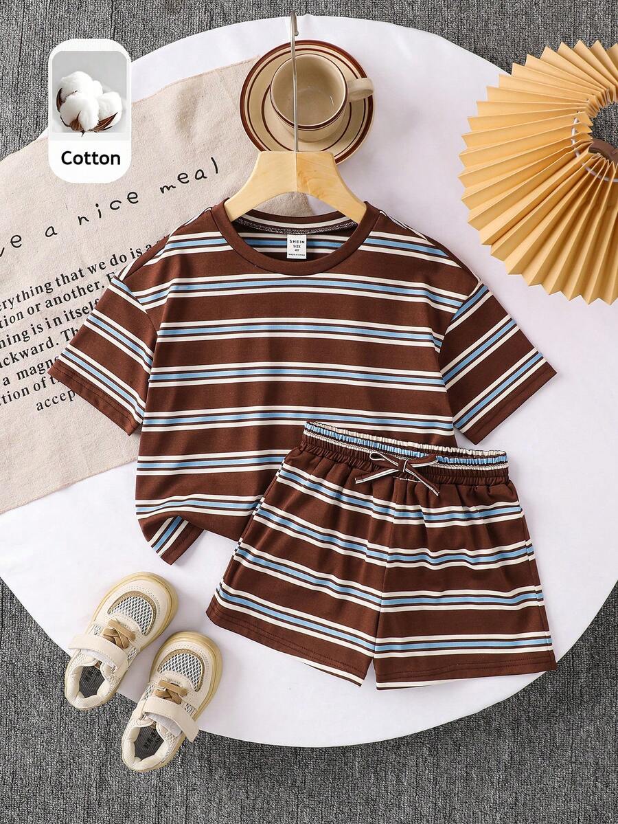 SHEIN 2件套女童条纹针织宽松圆领T恤和短裤套装 - 咖啡棕 - 查看 1
