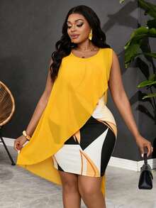 SHEIN CURVE+ Plus Size Women's Geometric Color Block Print Asymmetrical Layered Dress Brown Summer Elegant Rave Loose Sleeveless Fitted Bodycon Beach Gym Vacation - Yellow - View 4
