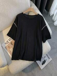 SHEIN CURVE+ 女士加大码圆领罗纹休闲日常短袖T恤，夏季上衣 - 黑色 - 查看 7