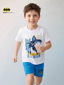 Maija Kids BATMAN X SHEIN Maija Kids 两件套男童休闲卡通图案圆领短袖T恤和短裤，适合夏季穿着 - 彩色 - 查看 4