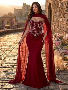 Aureia Plus-Size Burgundy Elegant Fishtail Sleeveless Mermaid-Style Dress With Rhinestone Embellishments, Made Of Stretch Fabric, Comes With A Shawl. Suitable For Weddings, Parties, Celebrations, Formal Occasions, Formal Weddings, And Formal Wear (Exquisite Design). Burgundy Winter Wedding Dress - Burgundy - View 5