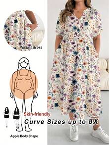 SHEIN CURVE+ Plus Size Casual Vacation Elegant Romantic Floral Print Short Sleeve Dress For Women, Suitable For Spring/Summer - Multicolor - View 1