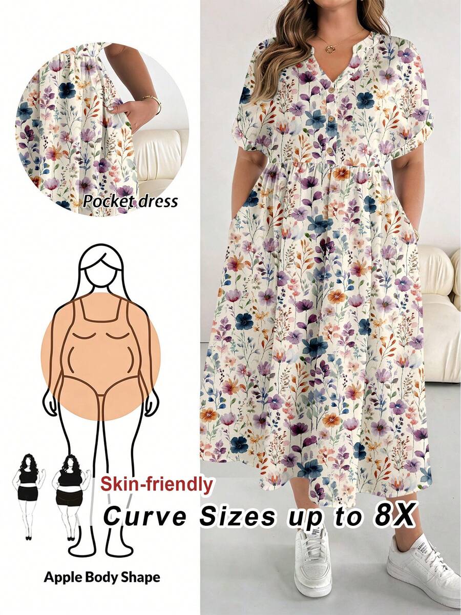 SHEIN CURVE+ Plus Size Casual Vacation Elegant Romantic Floral Print Short Sleeve Dress For Women, Suitable For Spring/Summer - Multicolor - View 1