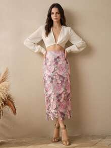 Anewsta Elegant Romantic Vacation Colorblock Floral Lace Patchwork Slim Fit Straight Skirt For Women, Spring/Summer - Pink - View 6