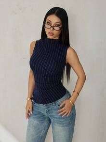 SHEIN PETITE 女士条纹休闲百搭日常上衣 - 藏蓝色 - 查看 3