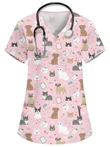 SHEIN 女士粉色V领短袖双口袋可爱卡通图案工作服上衣，萌萌的小狗印花，护士医生制服，兽医美容工作服，营养师实验服，多口袋实用工作服，可爱节日装扮 - 粉色 - 查看 1