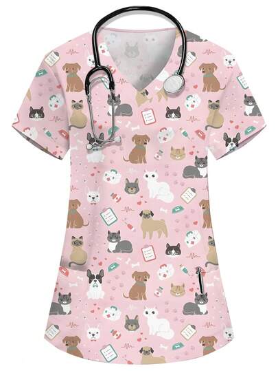 SHEIN Damen Rosa V-Ausschnitt Kurzarm Doppeltasche Süßes Cartoon Muster Kasack, Niedlicher Welpen Muster, Krankenschwester Doktor Uniform, Tierarzt Pflege Arbeitskleidung, Ernährungswissenschaftler Laborkittel, Multifunktionale Arbeitsbekleidung mit vielen Taschen, Süßes Urlaubsoutfit