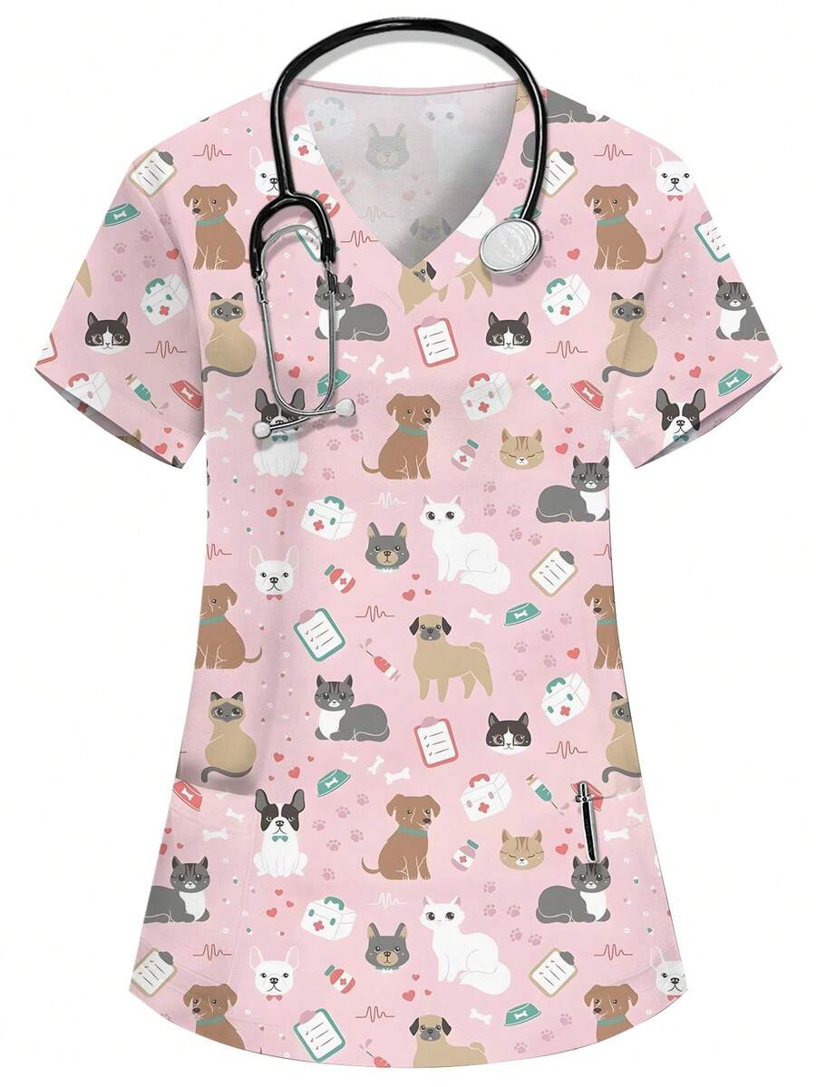 SHEIN 女士粉色V领短袖双口袋可爱卡通图案工作服上衣,萌萌的小狗印花,护士医生制服,兽医美容工作服,营养师实验服,多口袋实用工作服,可爱节日装扮 - 粉色 - 查看 1
