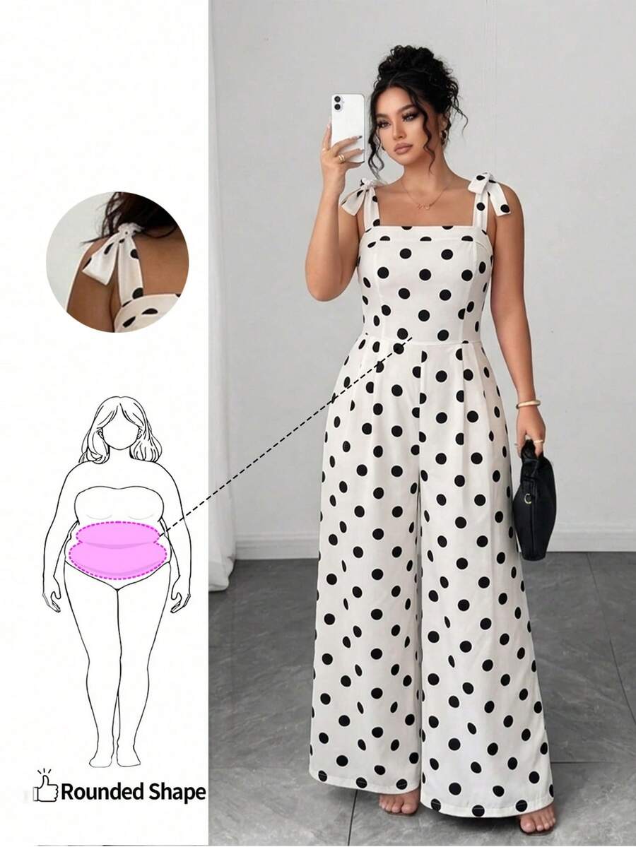 Elenzga Plus Size Women's Elegant Polka Dot Print Tie-Front Jumpsuit, Summer - Black and White - View 1