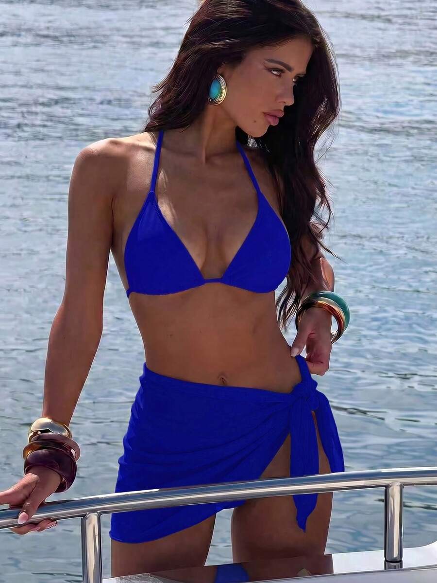 Swim Vcay 3pcs/Set Casual Solid Color Halter Tie Bikini Top, Triangle Bottoms And Mini Skirt For Summer Beach Vacation - Royal Blue - View 1