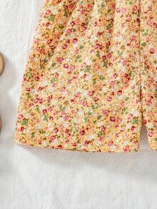 SHEIN Vintaside Kids 2025夏季新款女童碎花荷葉袖V領收腰露背A字洋裝，鄉村風時尚女童裙 - 彩色 - 查看 4