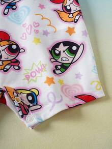 THE POWERPUFF GIRLS X SHEIN Bộ áo liền quần tay ngắn in hình hoạt hình cho bé gái, thích hợp mặc mùa hè. - trắng - Xem 5