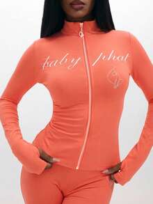 BABYPHAT Women's Zip Up Long Sleeve Coral Top With Script Print And Fitted Silhouette - Coral Pink - View 5