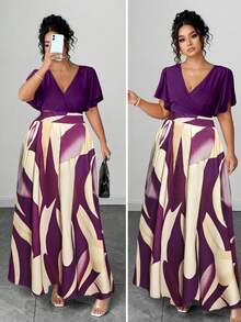 Elenzga Đầm maxi dáng rộng dành cho nữ cỡ lớn, phong cách Bohemian, thích hợp cho kỳ nghỉ biển, du lịch thường ngày, thanh lịch, cao cấp, với họa tiết hình học bất đối xứng đầy màu sắc, thời trang, quyến rũ, cổ tròn, tay bồng. - Màu tím - Xem 3