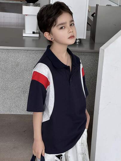 Dazy Kids Contrast Color Block Polo Short Sleeve T-Shirt For Toddler Boys (Plus Size)