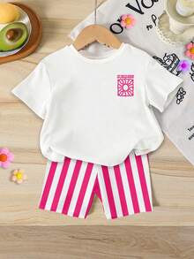 SHEIN Playful Pals 女童休闲简约白色T恤印有太阳图案，搭配修身条纹短裤两件套，适合暑期上学、居家、户外聚会等场合，可爱夏日穿搭，韩版风格 - 彩色 - 查看 6