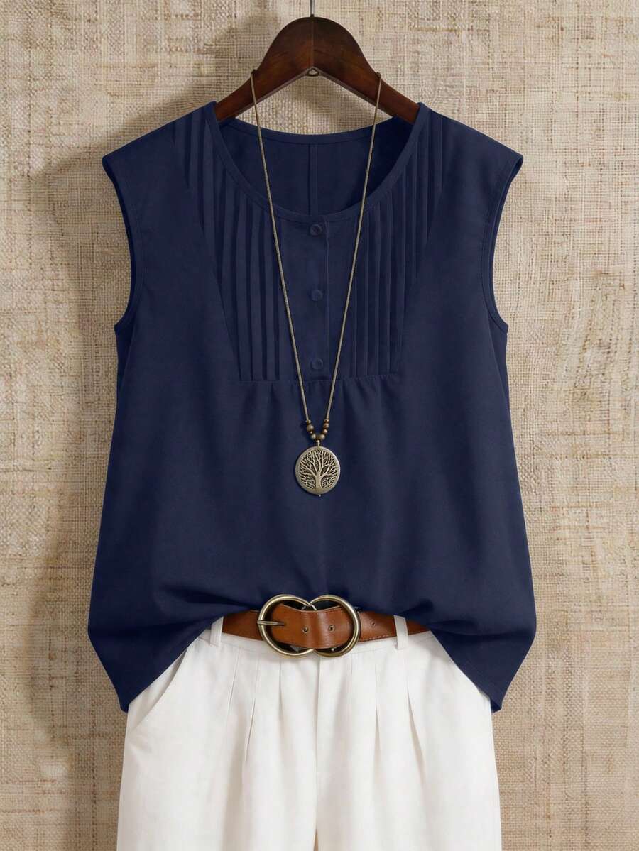 Linhara Plus Size Women Round Neck Button-Up Shirt, Spring/Summer - Navy Blue - View 1