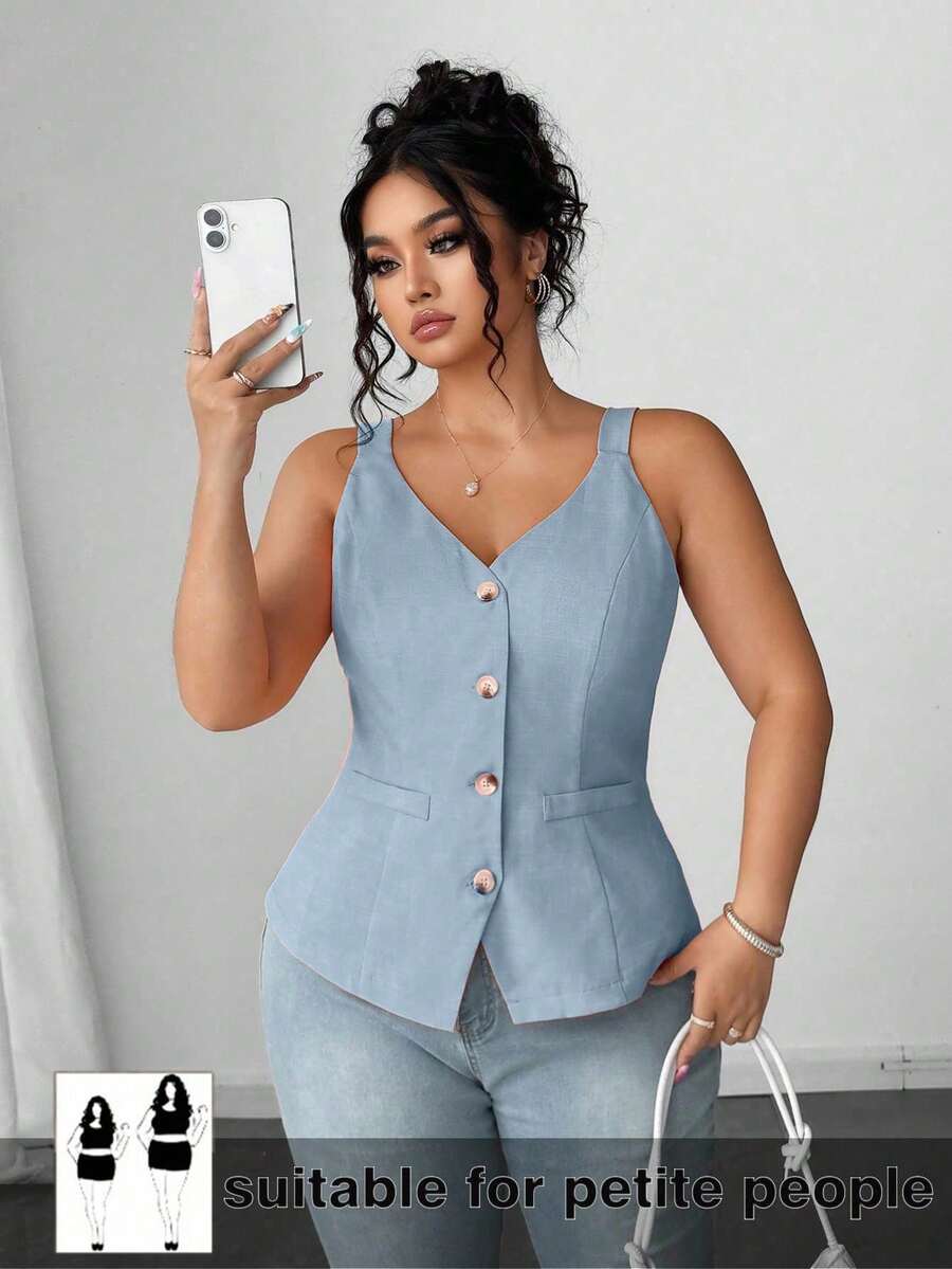SHEIN PETITE 优雅无袖背心,可单穿或叠穿,时尚上衣,收腰设计,适合休闲、通勤、大码身材,春秋季穿着。 - 藍色 - 查看 1