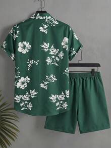 Surfspeed Bộ đồ đi biển nam gồm áo sơ mi ngắn tay in hoa và quần short. - Màu xanh lá cây đậm - Xem 3