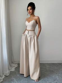 SHEIN Elenzya Bộ đồ nữ thanh lịch và thoải mái màu mơ trơn, gồm 2 món, thích hợp cho mùa hè. - Màu be - Xem 6