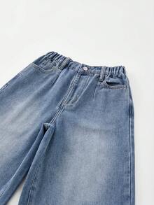 SHEIN Quần jean denim dáng rộng dài 7/8 cho bé trai, cạp chun, ống rộng, thích hợp cho kỳ nghỉ, đi làm hàng ngày, đi học, đi chơi cuối tuần - Quần jean ống rộng cho bé trai - Rửa trung bình - Xem 4