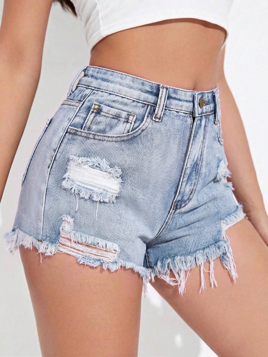 SHEIN EZwear Quần short denim nữ kiểu dáng thường ngày, rách gấu. - Rửa nhẹ - Xem 1