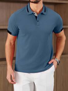 Manfinity Homme 男士對比色短袖休閒通勤 Polo 衫，正式款 - 藍色 - 查看 3
