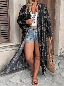 Ceyna Plus Size Women's New Elegant Multi-Color Striped Bohemian Style Colorful Paisley Pattern Open Front Long Sleeve Long Cardigan Outerwear Fall - Black - View 1