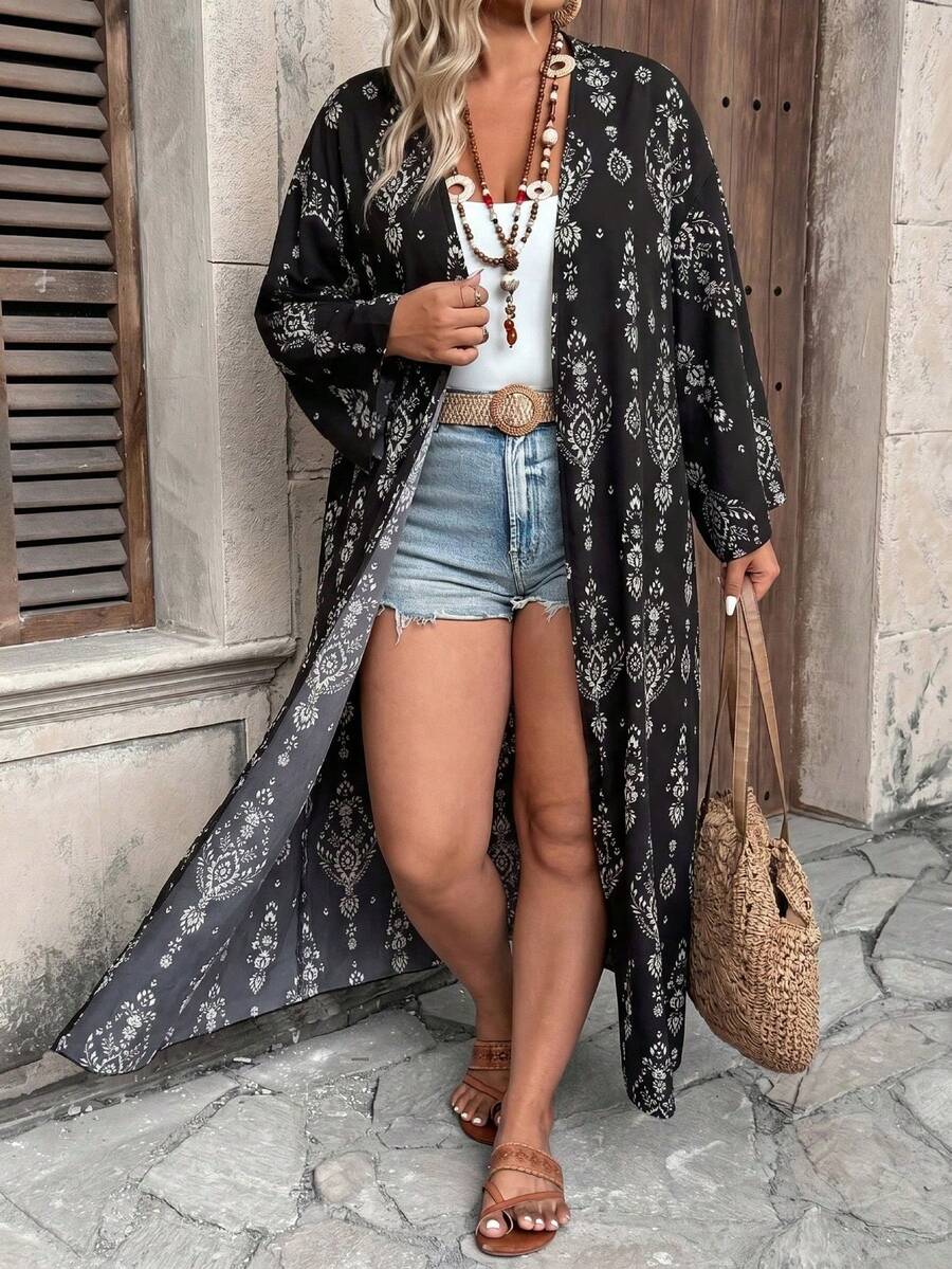 Ceyna Plus Size Women's New Elegant Multi-Color Striped Bohemian Style Colorful Paisley Pattern Open Front Long Sleeve Long Cardigan Outerwear Fall - Black - View 1