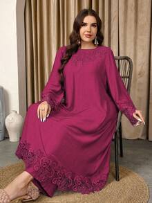 Graceveil Bộ đồ nữ cổ tròn tay dài áo dài và quần ống đứng phối ren chắp vá rộng rãi thoải mái cao cấp cỡ lớn - Màu Hồng Tươi - Xem 6