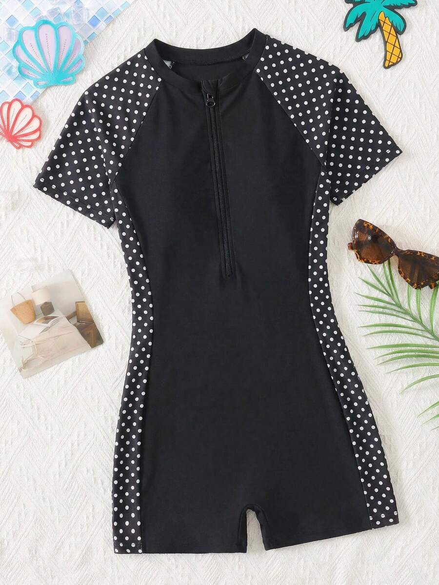 SHEIN Áo tắm liền thân màu đen chấm bi có khóa kéo dành cho thiếu nữ, đồ bơi đi biển thoải mái, đồ bơi kín đáo, trang phục lướt sóng, mùa hè. - màu đen - Xem 1