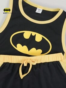 Maija Kids BATMAN X SHEIN Maija Kids 2pcs/Set Young Boy Summer Contrast Color Soft Round Neck Sleeveless Tank Top And Elastic Waist Shorts,Suitable For Sports,Competitions,Entertainment - Multicolor - View 5
