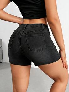 SHEIN ICON Women's Casual Frayed Hem Denim Shorts With Pockets - Black - View 2
