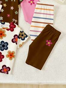 3pcs/Set Baby Girls' Casual Cute Floral, Leopard Bow, And Minimalist Letter Print Short Sleeve Round Neck T-Shirt And Matching Shorts Set, Suitable For Spring To Summer Outings And Vacations - Multicolor - View 3