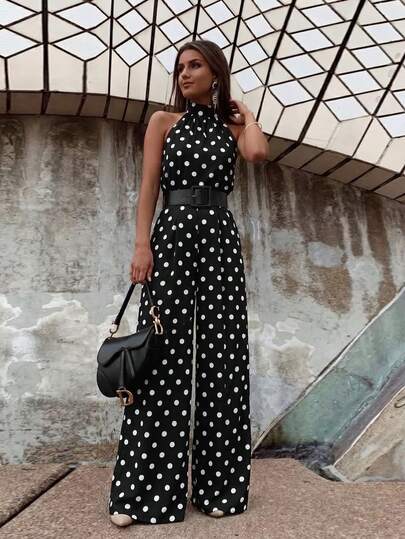 Firerie Combinaison élégante pour femmes, à porter au quotidien, en vacances ou pour toute occasion. Modèle à col ras-du-cou, à pois, dos nu, taille haute, jambes larges. Idéale pour l'été.