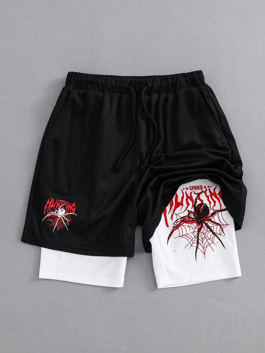 SHEIN 青少年男孩黑色雙層蜘蛛印花2合1運動短褲,紅黑配色,夏季街頭風,Y2K SS26,黑白,運動、外出、旅行、度假 - 彩色 - 查看 1