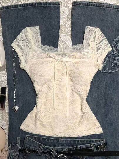 SHEIN Teen Girls' Casual Elegant Sweet Apricot Lace Short Sleeve T-Shirt, Summer New Arrival