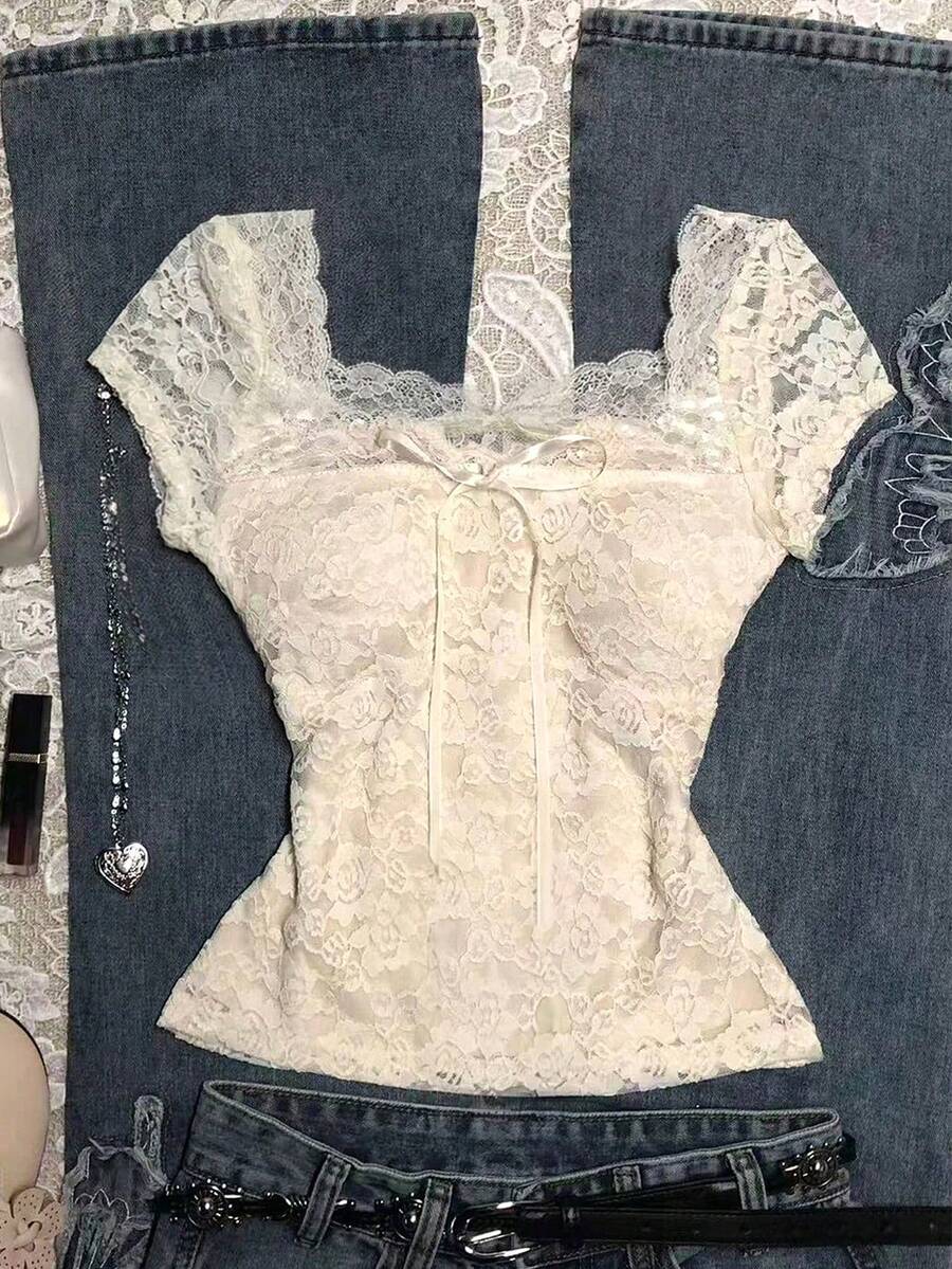 SHEIN Camiseta de manga corta de encaje color albaricoque elegante y dulce para adolescentes, nueva llegada de verano - Albaricoque - Ver 1