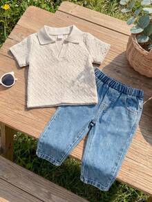 SHEIN Vintaside Kids Bộ đồ cho bé trai gồm áo tay ngắn cổ bẻ và quần jean bạc màu thời trang, thích hợp mặc hàng ngày, đi cắm trại cùng gia đình, ăn uống hoặc mua sắm. - Màu Khaki - Xem 6