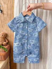 SHEIN Vintaside Kids 男婴卡通熊印花短袖休闲连体衣 - 藍色 - View 4